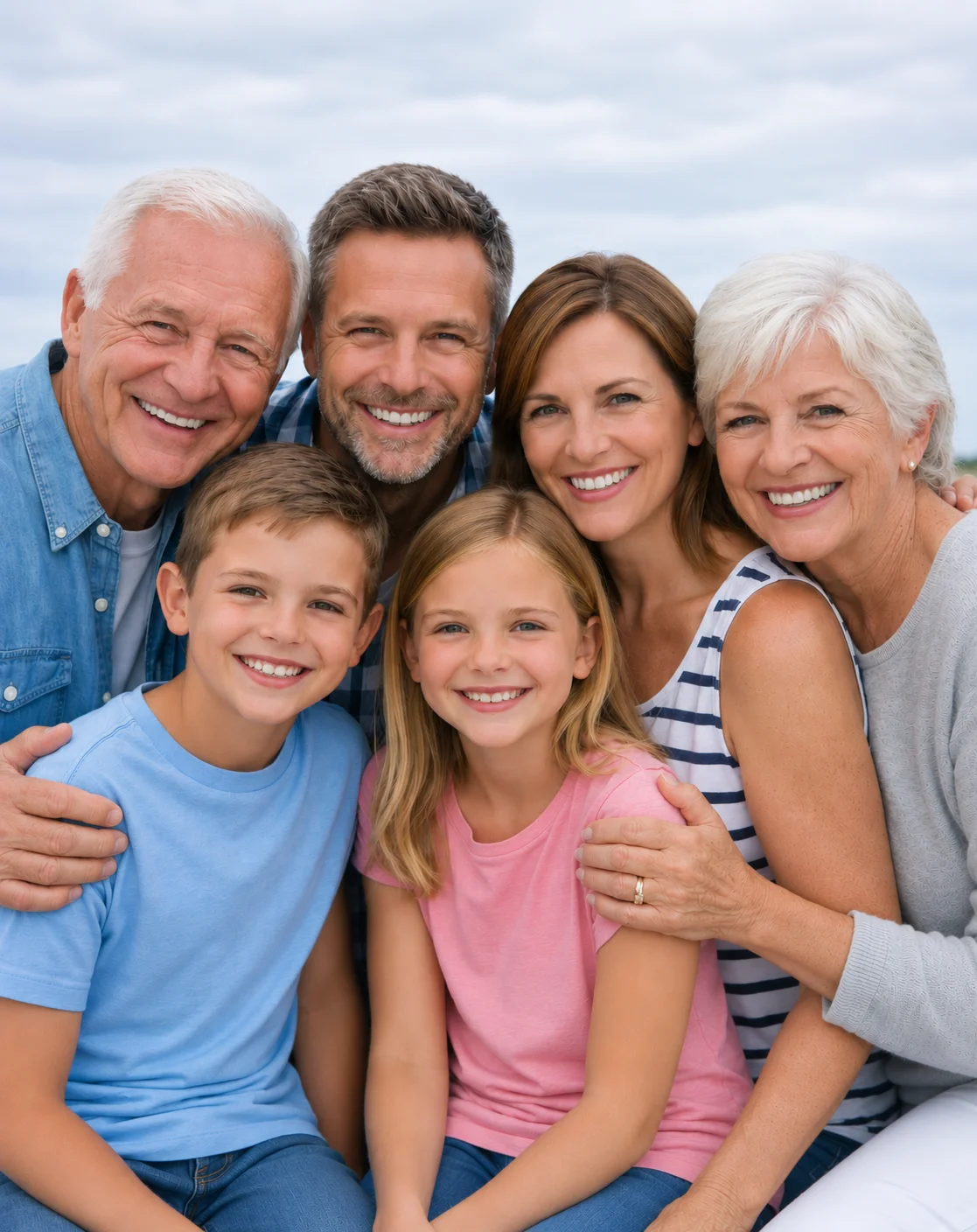 A multigenerational family smiling.